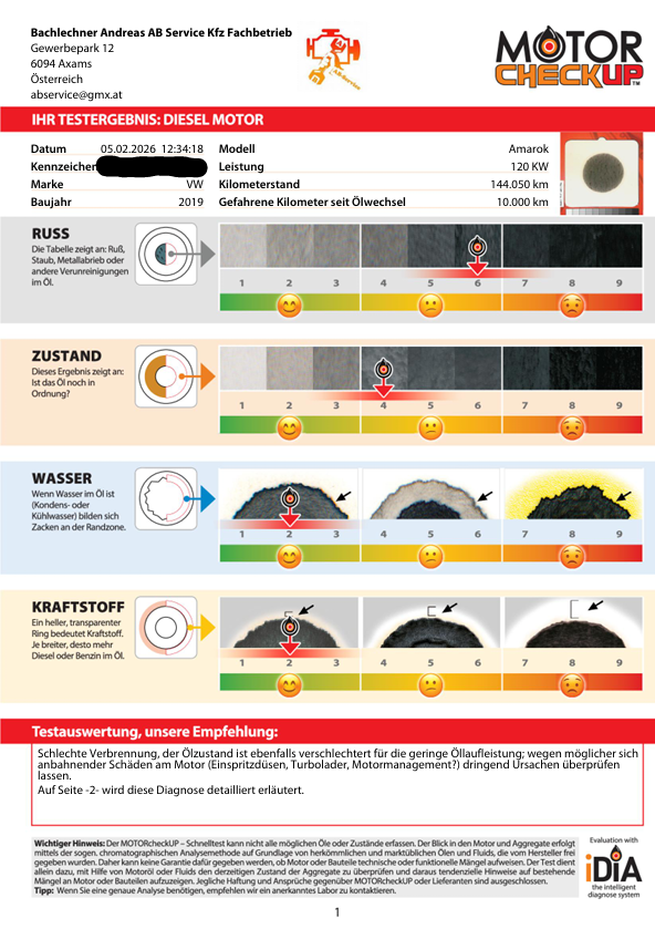 Motoröltest eines Amarok Diesel 3,0 Tdi nach 10.000 km. Auf dem Test ist zu erkennen wie stark das Öl schon nach 10 000km verrußt ist.